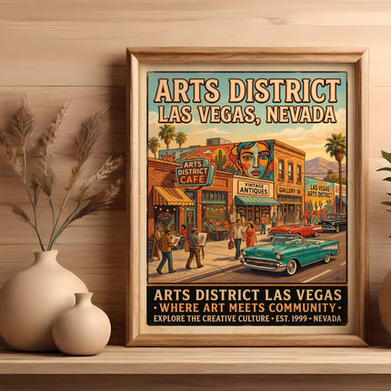 Arts District Las Vegas poster featuring retro cars, storefronts, and people.