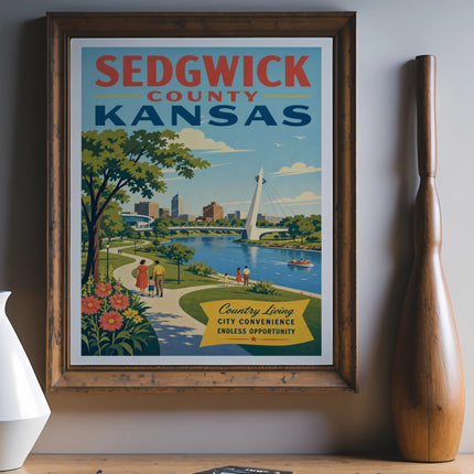 Vintage travel poster for Sedgwick County, Kansas featuring a bridge, city skyline, and park.