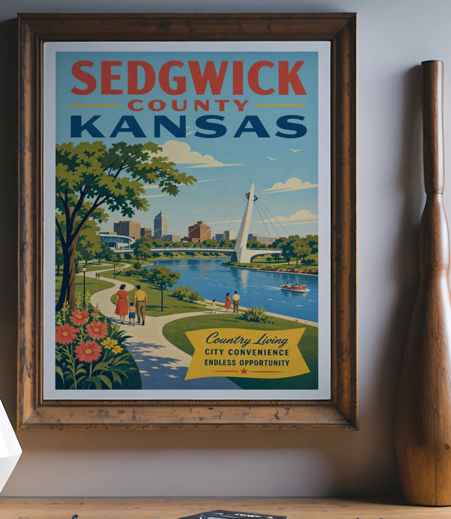 Vintage travel poster for Sedgwick County, Kansas featuring a bridge, city skyline, and park.