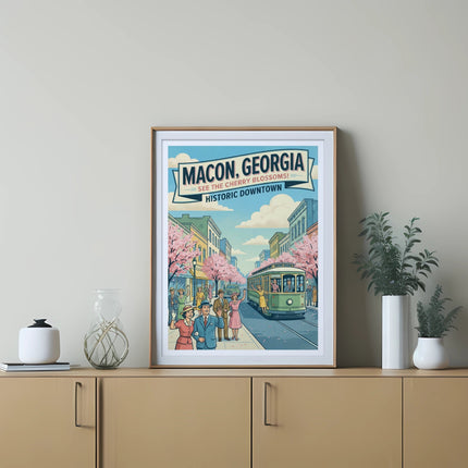 Macon, Georgia historic downtown poster with cherry blossoms and trolley.