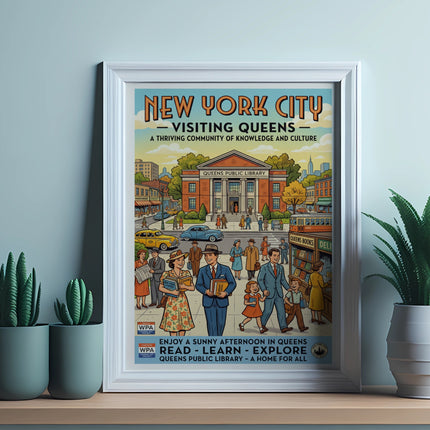 Poster for "Visiting Queens" with illustration of Queens Public Library and people.