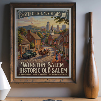 Winston-Salem Historic Old Salem framed vintage travel poster depicting Old Salem, North Carolina.