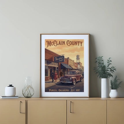 McClain County poster depicting a vintage street scene with "The Bluebird Cafe."