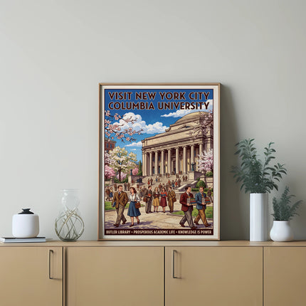 Poster for Columbia University with students walking in front of Low Memorial Library.