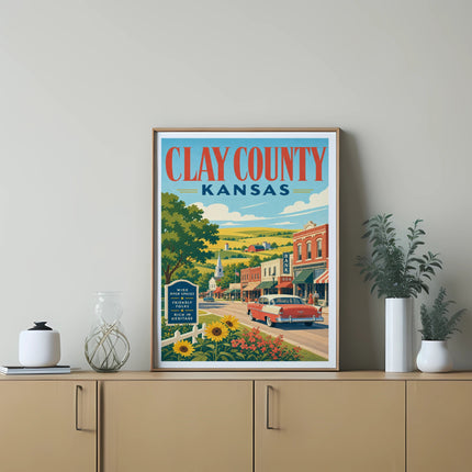 Clay County, Kansas poster with vintage car, town street, and text about wide open spaces.