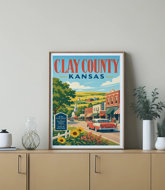 Clay County, Kansas poster with vintage car, town street, and text about wide open spaces.