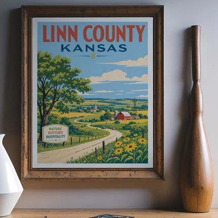 Linn County, Kansas travel poster with landscape, barn, and sunflowers.