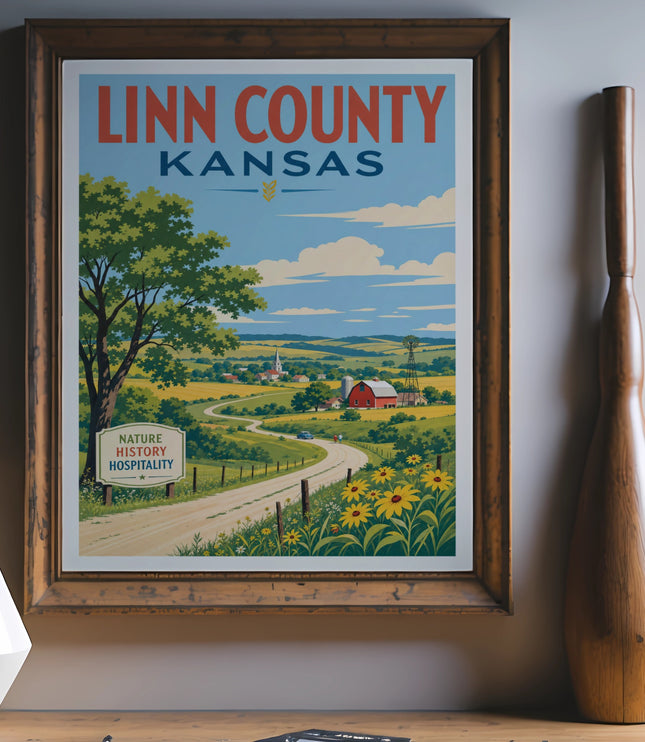 Linn County, Kansas travel poster with landscape, barn, and sunflowers.
