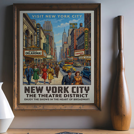 Vintage New York City Theatre District poster showing Broadway marquees.