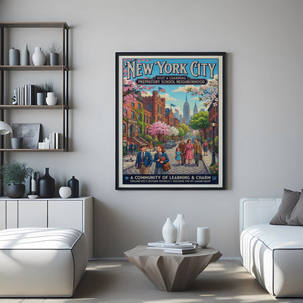 New York City vintage poster featuring a charming preppatory school neighborhood.