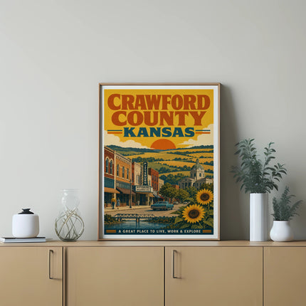 Crawford County, Kansas poster with town scene, sunflowers, and text.