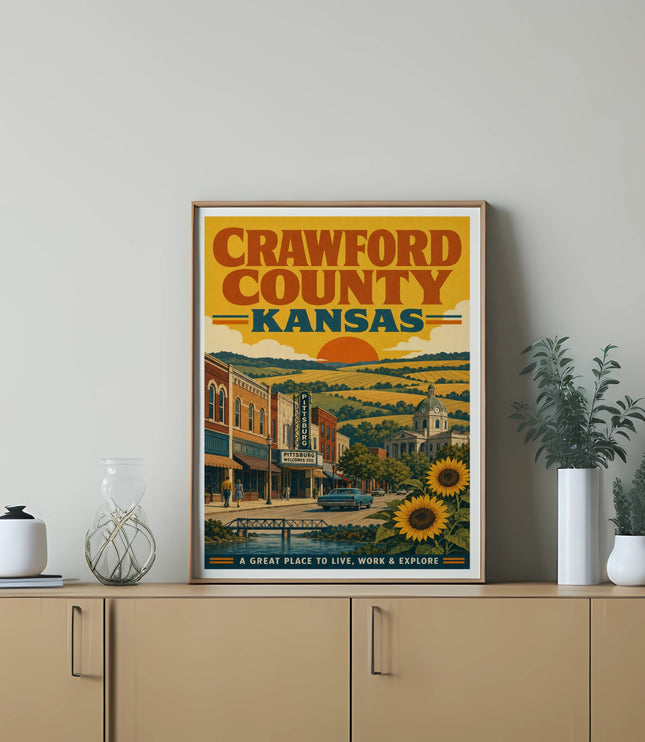 Crawford County, Kansas poster with town scene, sunflowers, and text.