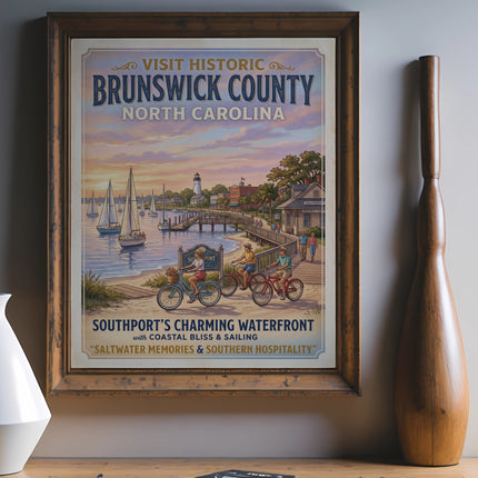 Vintage poster of Southport, North Carolina waterfront with sailboats and cyclists.