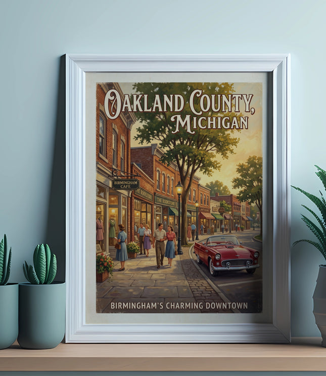Oakland County, Michigan vintage poster showing Birmingham's charming downtown street scene.
