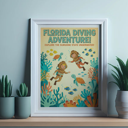 Framed poster for "Florida Diving Adventure" featuring divers, sea turtles, and fish.