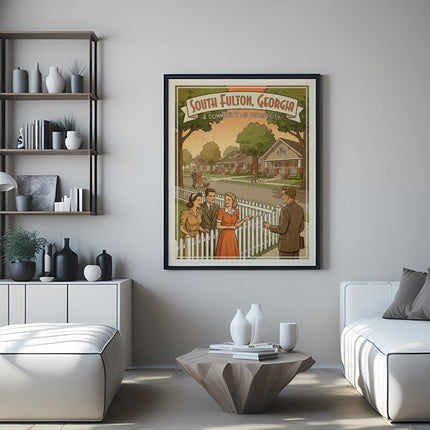 Vintage poster showing South Fulton, Georgia with a family in front of a house.