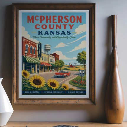 McPherson County, Kansas poster with town scene, sunflowers, and highway signs.