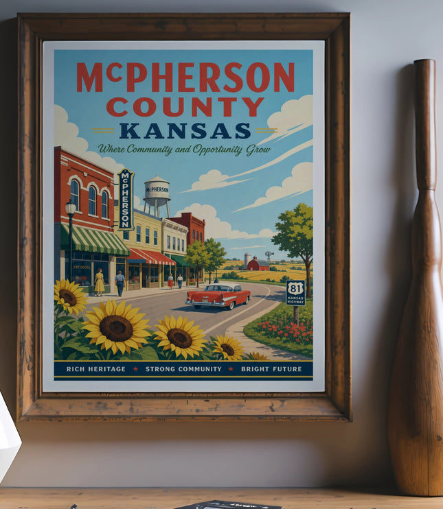 McPherson County, Kansas poster with town scene, sunflowers, and highway signs.