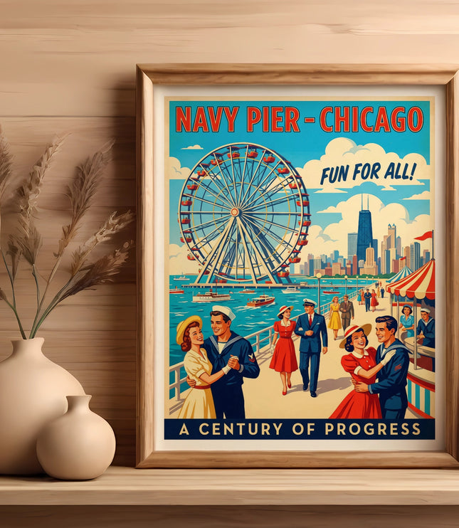 Navy Pier - Chicago poster with Ferris wheel, city skyline, and dancing couples.