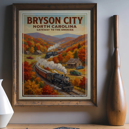 Vintage poster for Bryson City, North Carolina, with fall foliage and steam trains.
