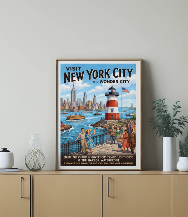 Vintage poster of New York City skyline, lighthouse, ferry, and people enjoying the waterfront.