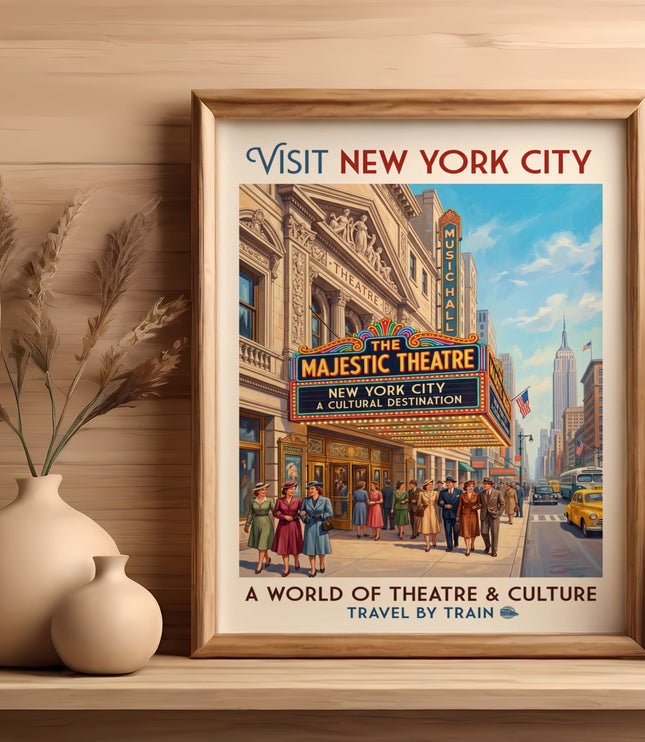 Vintage poster of Majestic Theatre in New York City, a cultural destination.