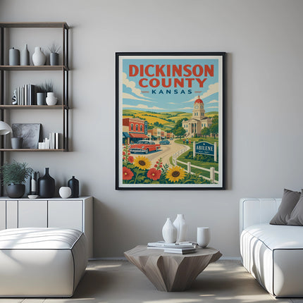 Dickinson County Kansas travel poster with Abilene landmark and floral border.