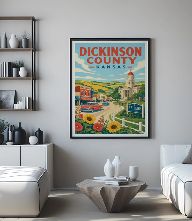 Dickinson County Kansas travel poster with Abilene landmark and floral border.