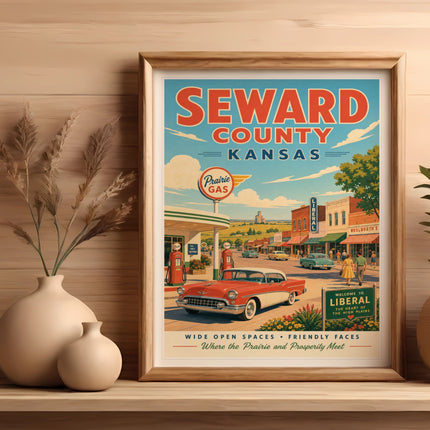 Vintage poster of Seward County, Kansas, with a diner and classic car.