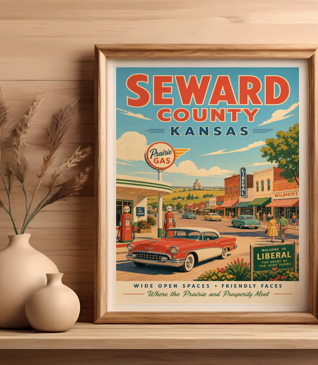 Vintage poster of Seward County, Kansas, with a diner and classic car.