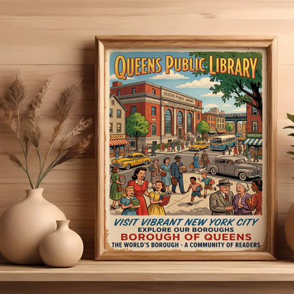 Vintage poster for Queens Public Library, "Borough of Queens" with street scene.