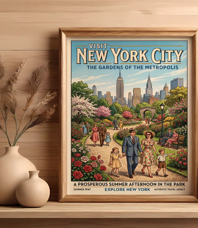 Vintage New York City travel poster: "Visit New York City: The Gardens of the Metropolis"