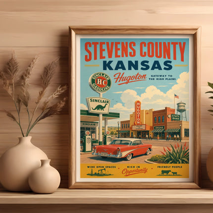 Vintage Stevens County, Kansas travel poster with Sinclair gas station and classic car.
