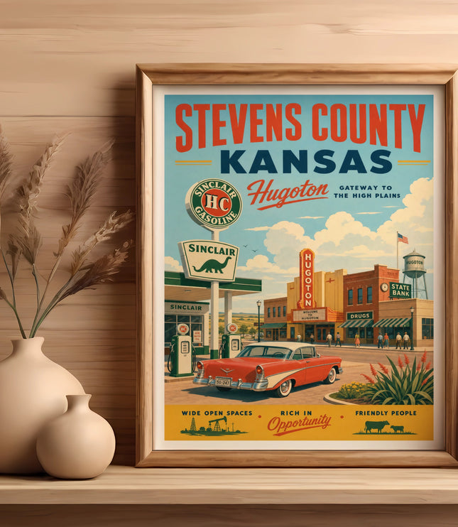 Vintage Stevens County, Kansas travel poster with Sinclair gas station and classic car.