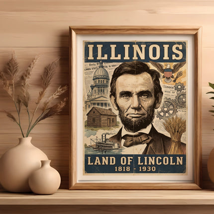Framed "Land of Lincoln" poster featuring Abraham Lincoln portrait.