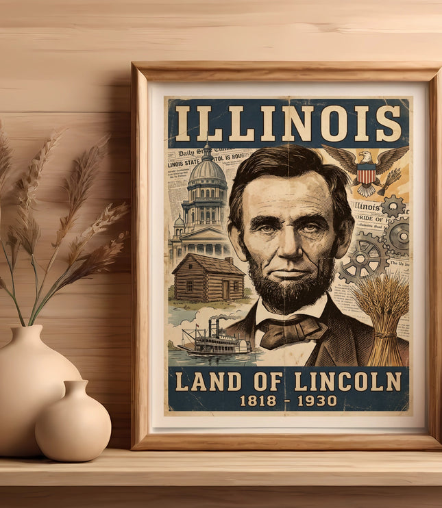 Framed "Land of Lincoln" poster featuring Abraham Lincoln portrait.