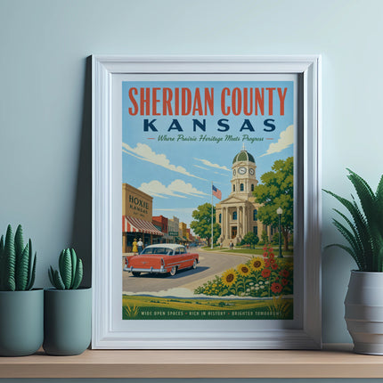 Sheridan County, Kansas poster with Hoxie courthouse, vintage car, and cacti.