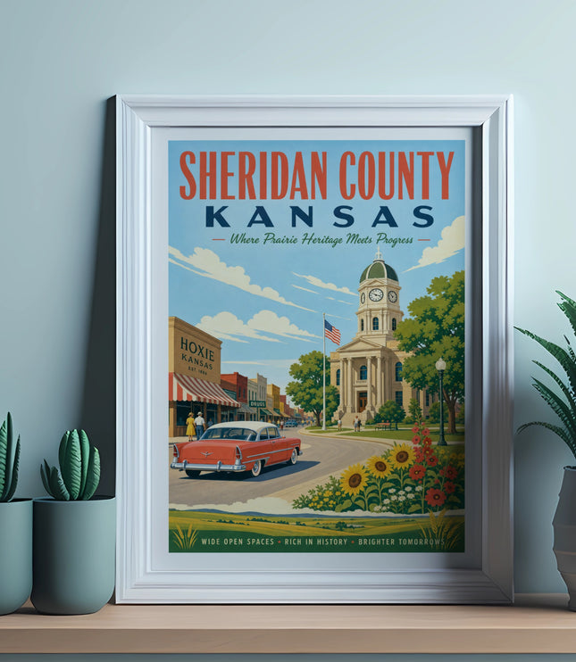 Sheridan County, Kansas poster with Hoxie courthouse, vintage car, and cacti.