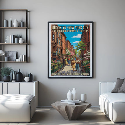 Poster of Brooklyn, New York City, featuring homes, churches, and people.
