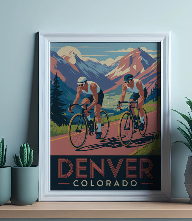 Two cyclists race down a mountain road with Denver, Colorado text.
