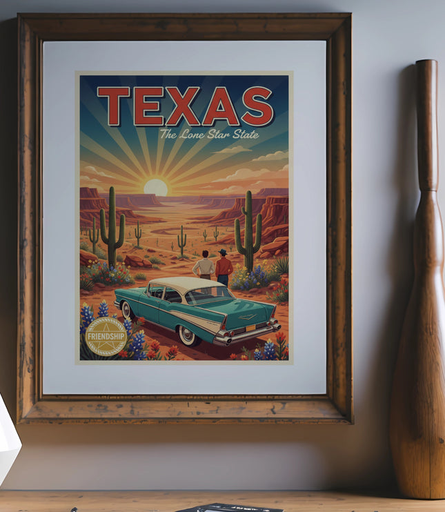 Vintage poster of Texas Lone Star State with desert, cacti, and classic car.