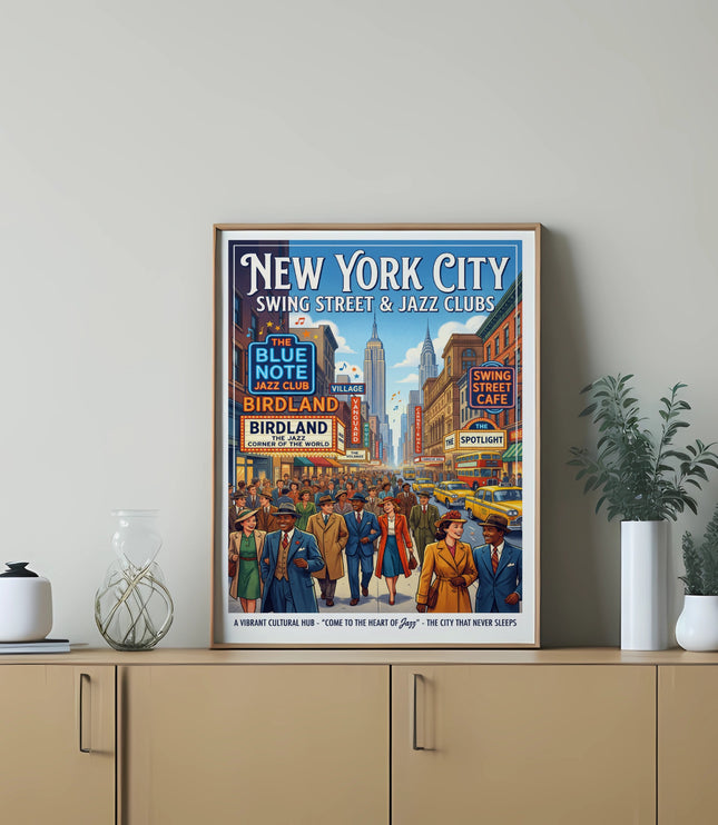 New York City street scene with jazz clubs, landmarks, and people.