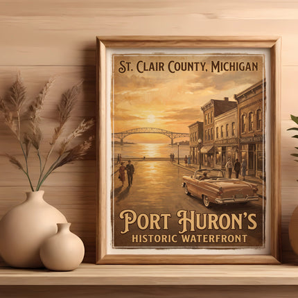 St. Clair County, Michigan vintage poster with Port Huron's Historic Waterfront.