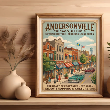 Andersonville Chicago Illinois vintage poster with shops and cars.