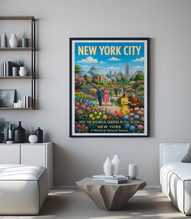 Poster of New York City botanical gardens with people and skyline, text "New York City".