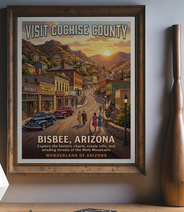 Vintage poster for Bisbee, Arizona, showing a street scene with classic cars and mountains.