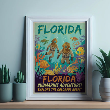 Florida submarine adventure poster with divers, sea turtles, and fish.
