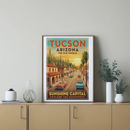 Tucson Arizona, the Old Pueblo sunshine capital poster with vintage cars.