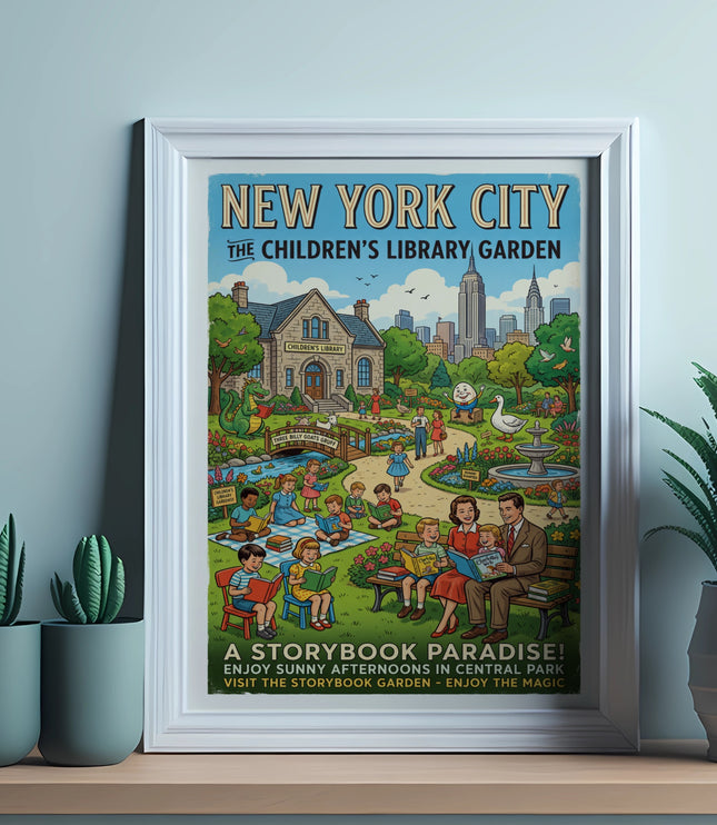 New York City Children's Library Garden illustration with buildings, children reading, and fairy tale characters.