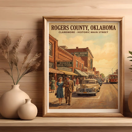 Poster of Rogers County, Oklahoma, depicting historic Claremore Main Street with a couple and classic cars.